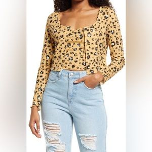 bp Cropped Cardi Cami 2pc Ribbed Long Sleeve Leopard Print Small Lettuce Hem
